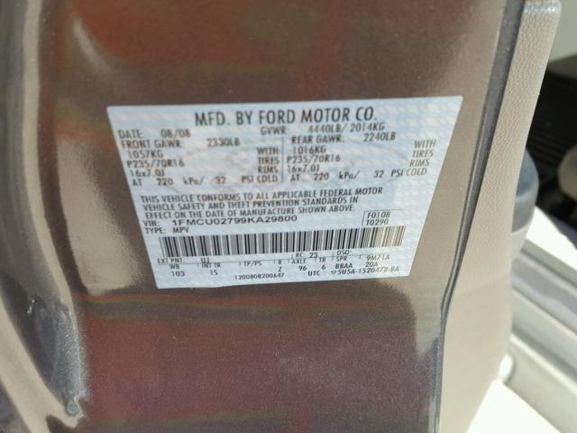 1FMCU02799KA29800 - 2009 FORD ESCAPE XLS GRAY photo 10