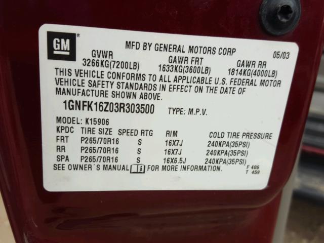 1GNFK16Z03R303500 - 2003 CHEVROLET SUBURBAN K MAROON photo 10