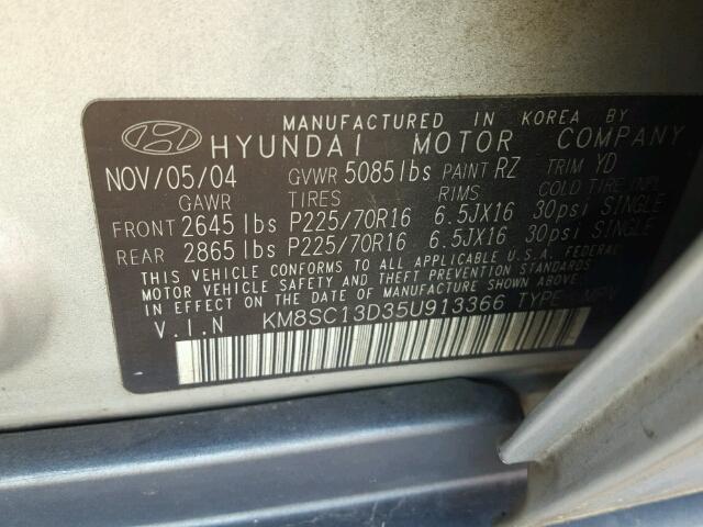 KM8SC13D35U913366 - 2005 HYUNDAI SANTA FE G SILVER photo 10