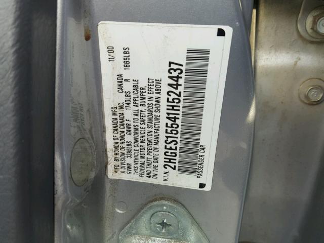 2HGES15541H524437 - 2001 HONDA CIVIC LX SILVER photo 10