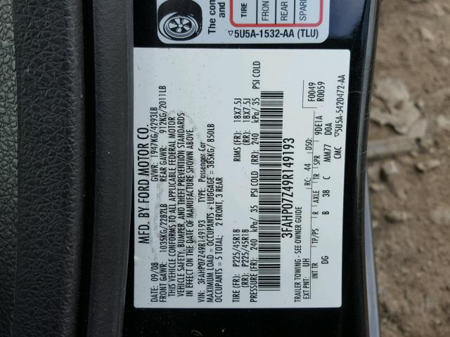 3FAHP07Z49R149193 - 2009 FORD FUSION SE BLACK photo 10