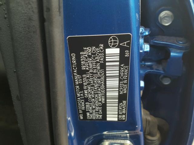 VNKKTUD30HA082451 - 2017 TOYOTA YARIS L BLUE photo 10