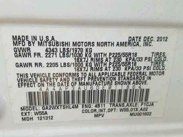 4A4AP3AU6DE011864 - 2013 MITSUBISHI OUTLANDER WHITE photo 10