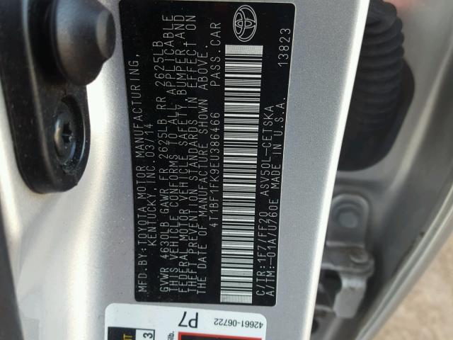 4T1BF1FK9EU386466 - 2014 TOYOTA CAMRY L SILVER photo 10