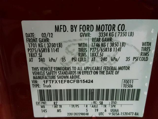 1FTFX1EF8CFB15424 - 2012 FORD F150 SUPER RED photo 10