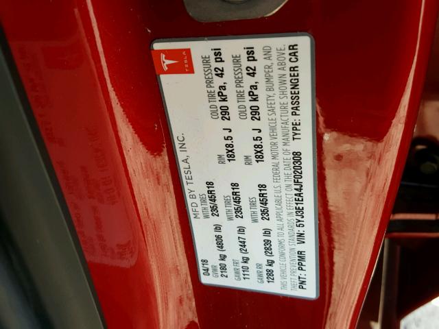 5YJ3E1EA4JF020308 - 2018 TESLA MODEL 3 წითელი ფოტო 10