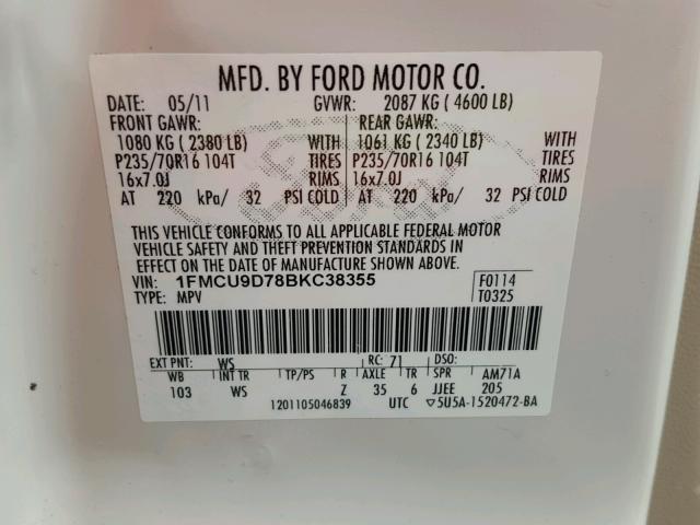 1FMCU9D78BKC38355 - 2011 FORD ESCAPE XLT WHITE photo 10