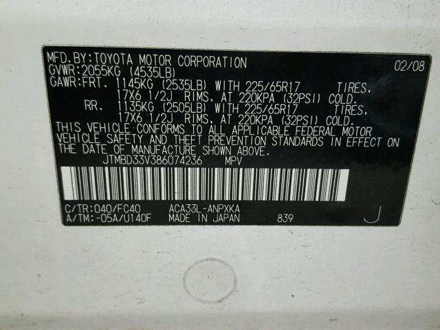 JTMBD33V386074236 - 2008 TOYOTA RAV4 WHITE photo 10