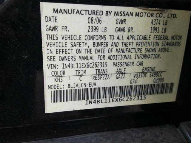 1N4BL11EX6C262315 - 2006 NISSAN ALTIMA SE BLACK photo 10