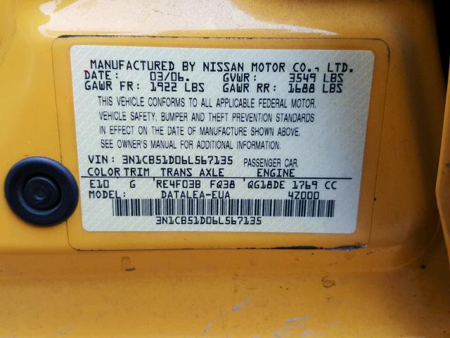 3N1CB51D06L567135 - 2006 NISSAN SENTRA 1.8 YELLOW photo 10