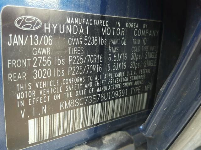 KM8SC73E76U109391 - 2006 HYUNDAI SANTA FE G BLUE photo 10