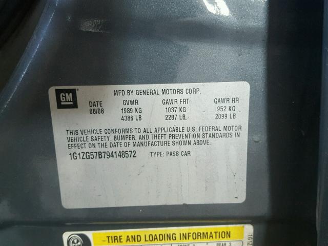 1G1ZG57B794148572 - 2009 CHEVROLET MALIBU LS ნაცრისფერი ფოტო 10