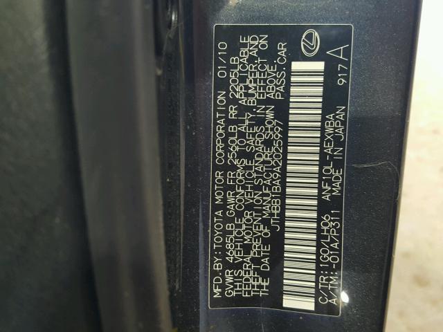 JTHBB1BA9A2025997 - 2010 LEXUS HS 250H BLACK photo 10