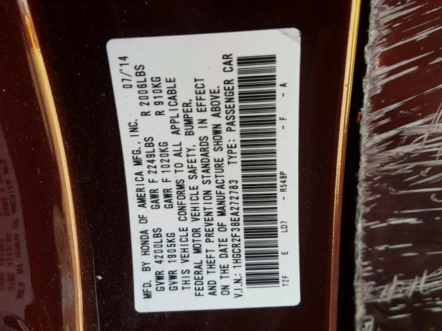 1HGCR2F38EA272783 - 2014 HONDA ACCORD LX MAROON photo 10