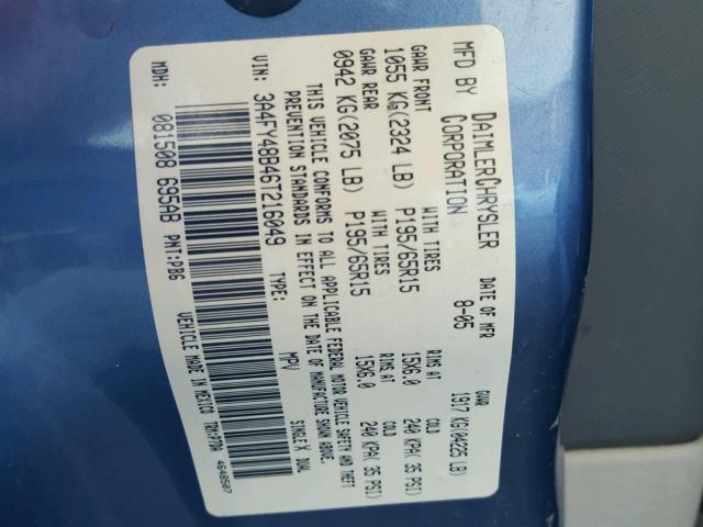 3A4FY48B46T216049 - 2006 CHRYSLER PT CRUISER BLUE photo 10