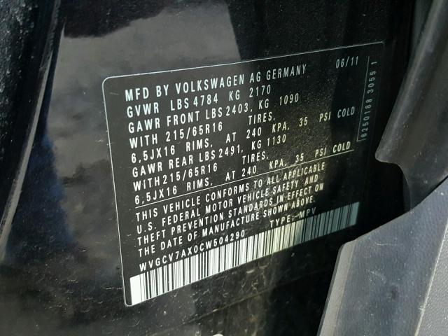 WVGCV7AX0CW504290 - 2012 VOLKSWAGEN TIGUAN S BLACK photo 10