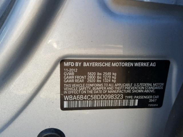 WBA6B4C58DD098323 - 2013 BMW 650 XI SILVER photo 10