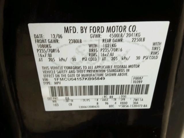 1FMCU04157KB95849 - 2007 FORD ESCAPE LIM BLACK photo 10