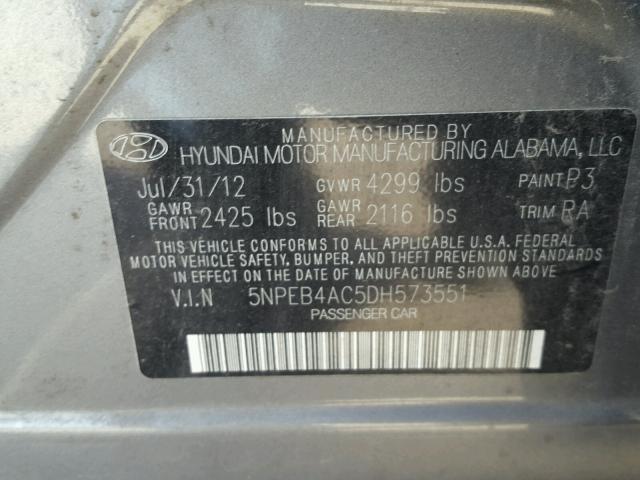 5NPEB4AC5DH573551 - 2013 HYUNDAI SONATA GLS GRAY photo 10