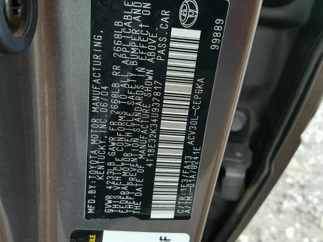 4T1BE32K34U937817 - 2004 TOYOTA CAMRY LE ნაცრისფერი ფოტო 10