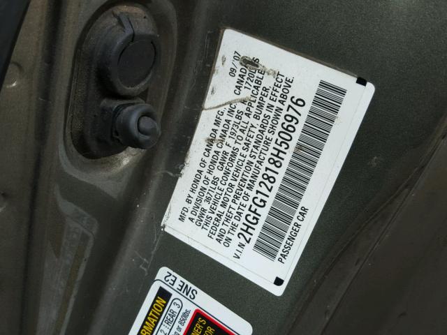 2HGFG12818H506976 - 2008 HONDA CIVIC EX Yanmış foto 10