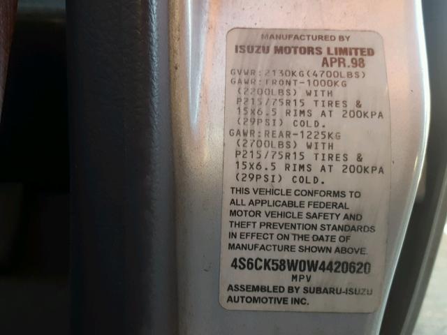 4S6CK58W0W4420620 - 1998 HONDA PASSPORT E 银色 照片 10