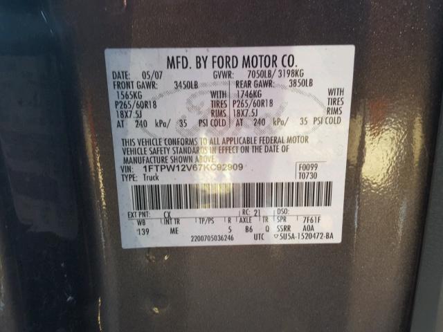 1FTPW12V67KC92909 - 2007 FORD F150 SUPER BLACK photo 10