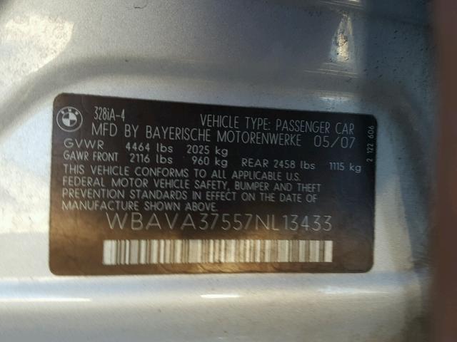 WBAVA37557NL13433 - 2007 BMW 328 I SILVER photo 10