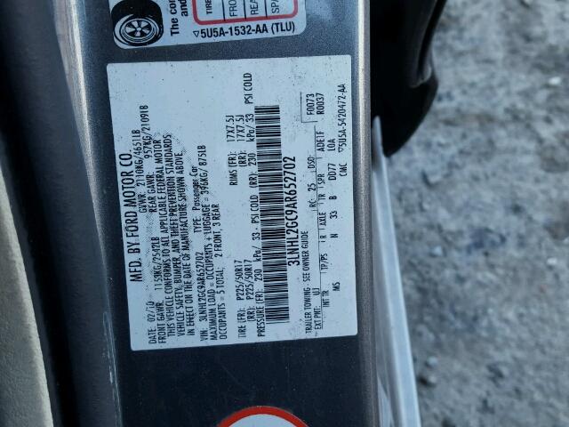 3LNHL2GC9AR652702 - 2010 LINCOLN MKZ ნაცრისფერი ფოტო 10