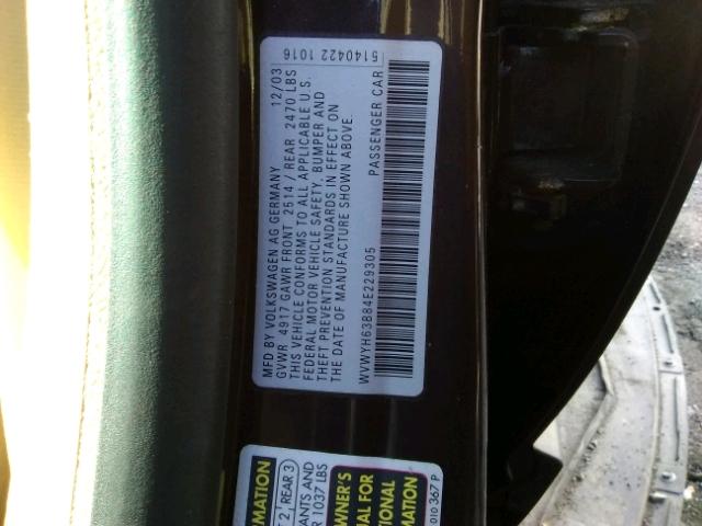 WVWYH63B84E229305 - 2004 VOLKSWAGEN PASSAT GLX 棕色 照片 10