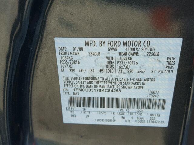 1FMCU03178KC84258 - 2008 FORD ESCAPE XLT CHARCOAL photo 10