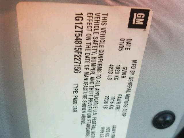 1G1ZT54815F227156 - 2005 CHEVROLET MALIBU LS ვერცხლისფერი ფოტო 10