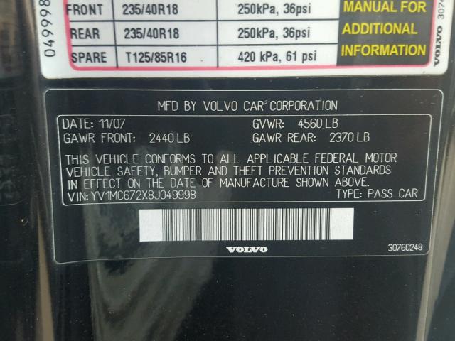 YV1MC672X8J049998 - 2008 VOLVO C70 T5 BLACK photo 10