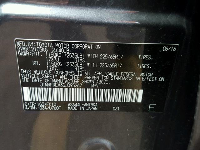 JTMRFREV3GJ095267 - 2016 TOYOTA RAV4 XLE GRAY photo 10