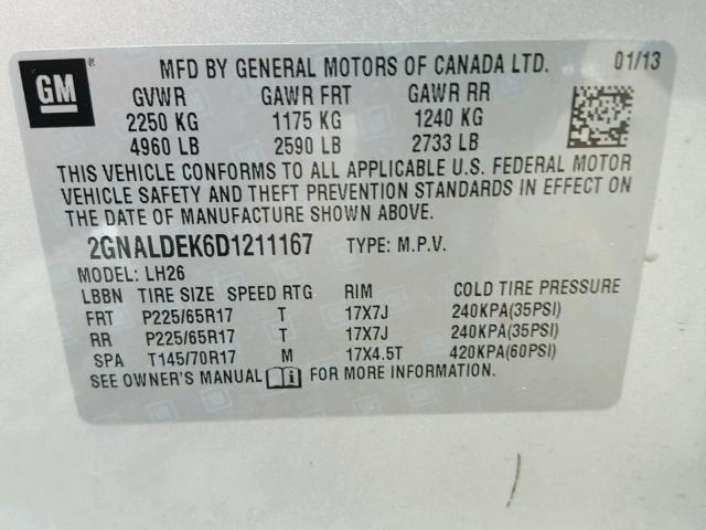 2GNALDEK6D1211167 - 2013 CHEVROLET EQUINOX LT SILVER photo 10