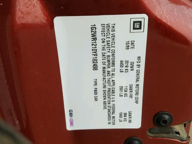 1G2WR1210YF182498 - 2000 PONTIAC GRAND PRIX MAROON photo 10