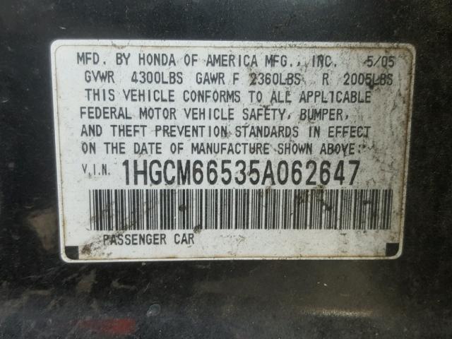 1HGCM66535A062647 - 2005 HONDA ACCORD EX BLACK photo 10