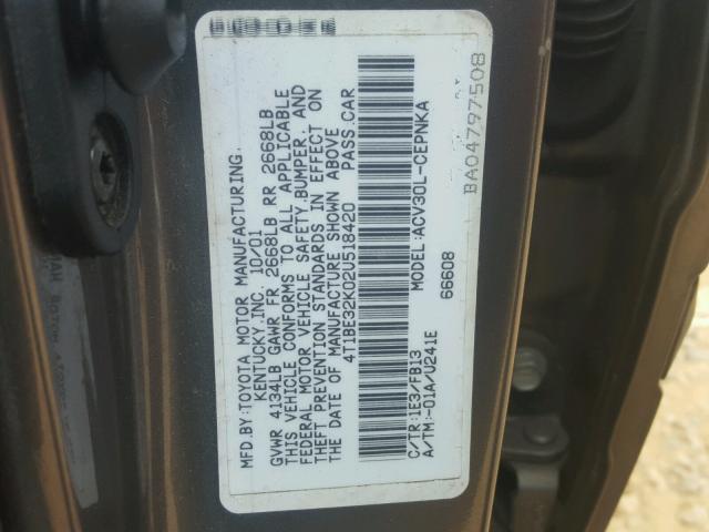 4T1BE32K02U518420 - 2002 TOYOTA CAMRY LE GRAY photo 10