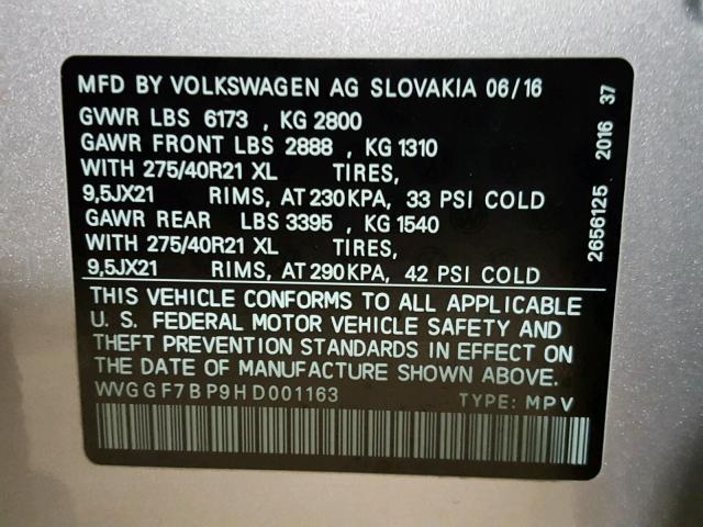 WVGGF7BP9HD001163 - 2017 VOLKSWAGEN TOUAREG EX SILVER photo 10