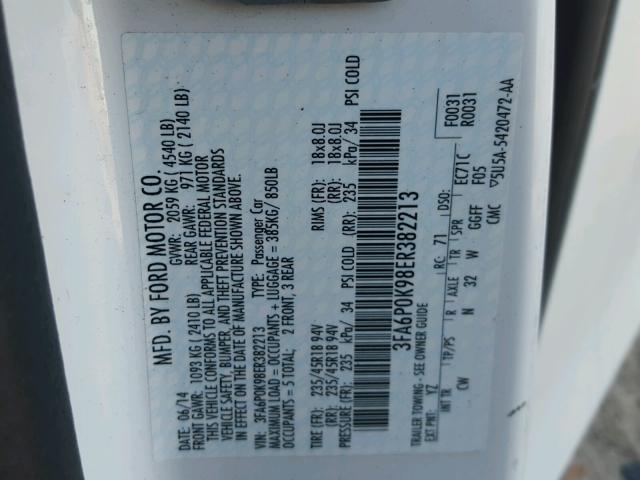 3FA6P0K98ER382213 - 2014 FORD FUSION TIT WHITE photo 10