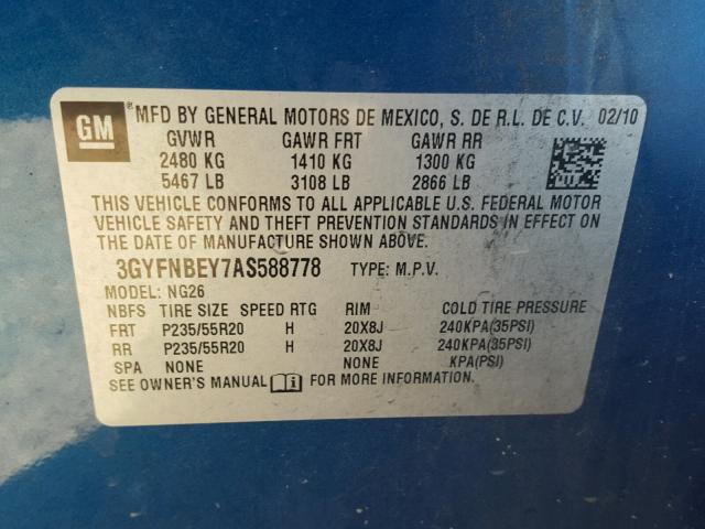 3GYFNBEY7AS588778 - 2010 CADILLAC SRX PERFOR 蓝色 照片 10