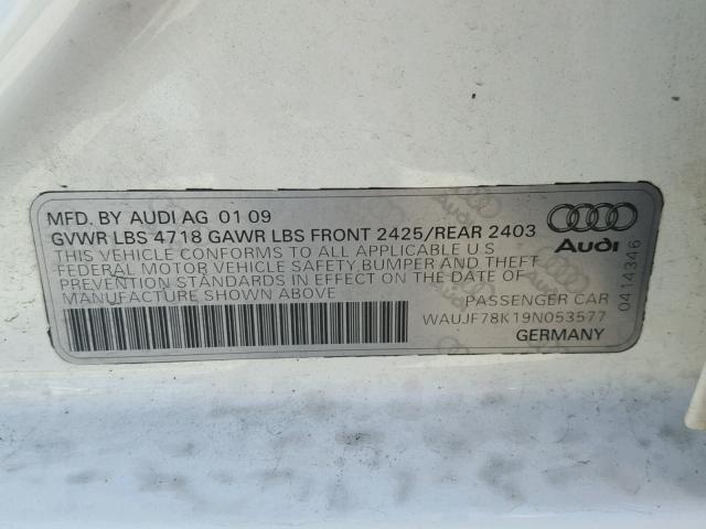 WAUJF78K19N053577 - 2009 AUDI A4 PREMIUM WHITE photo 10