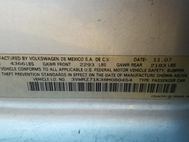 3VWRZ71K38M080454 - 2008 VOLKSWAGEN JETTA SE SILVER photo 10