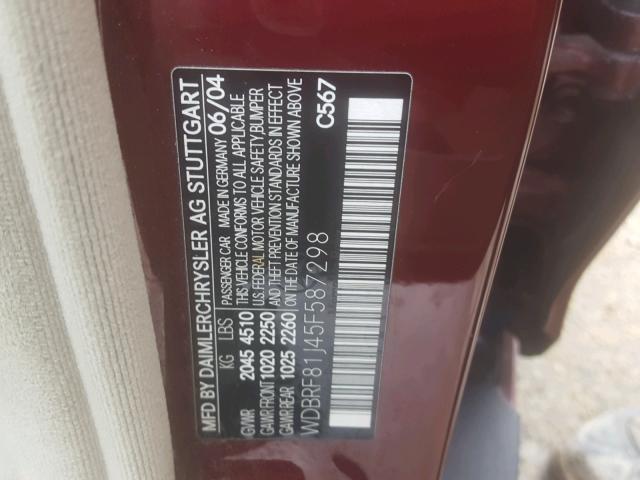 WDBRF81J45F587298 - 2005 MERCEDES-BENZ C 240 4MAT BURGUNDY photo 10