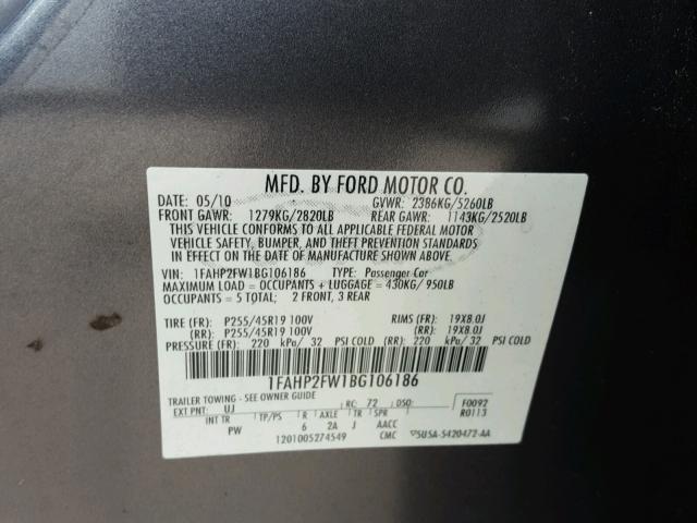 1FAHP2FW1BG106186 - 2011 FORD TAURUS LIM GRAY photo 10