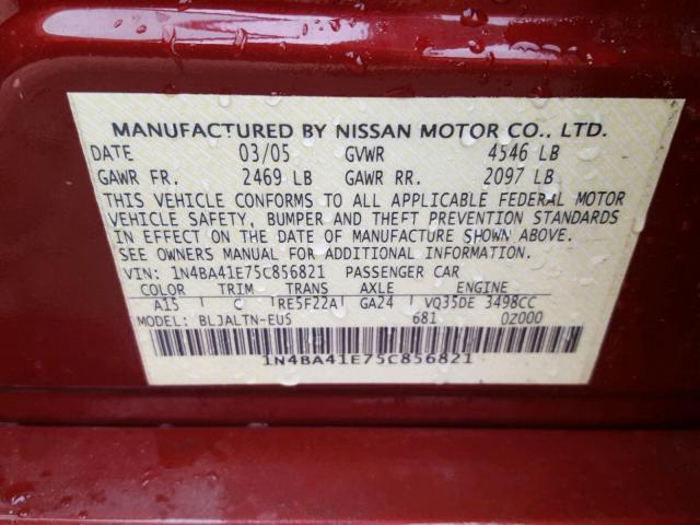 1N4BA41E75C856821 - 2005 NISSAN MAXIMA SE RED photo 10