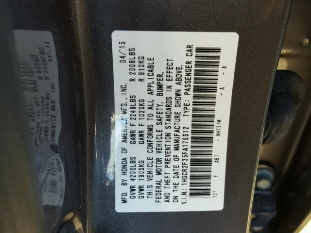 1HGCR2F35FA175512 - 2015 HONDA ACCORD LX GRAY photo 10