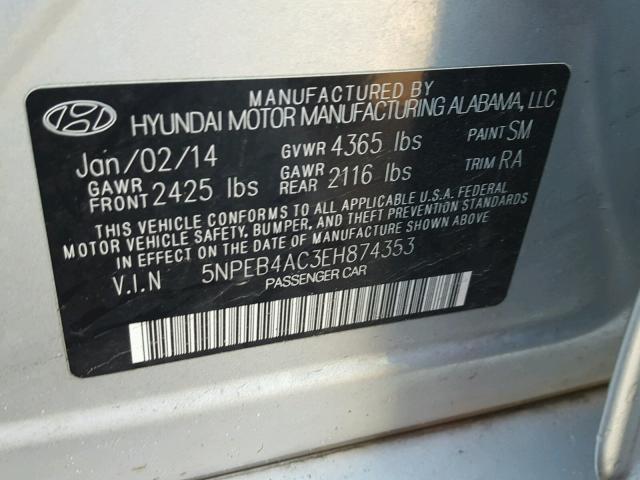 5NPEB4AC3EH874353 - 2014 HYUNDAI SONATA GLS SILVER photo 10