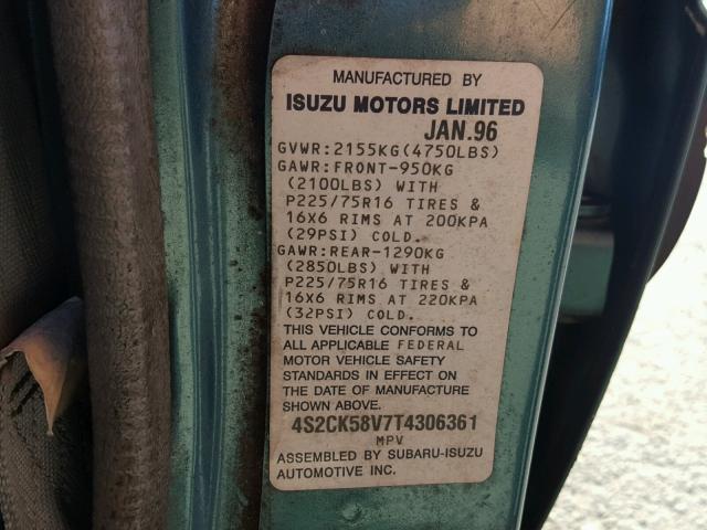 4S2CK58V7T4306361 - 1996 ISUZU RODEO S GREEN photo 10