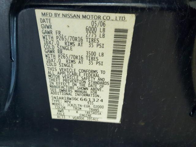 5N1AR18W36C661324 - 2006 NISSAN PATHFINDER BLUE photo 10